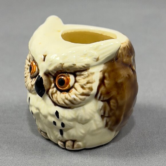 Vtg Stoneware Ceramic Owl Bird Ivory Toothpick Holder Embossed Figurine Japan - Picture 1 of 10
